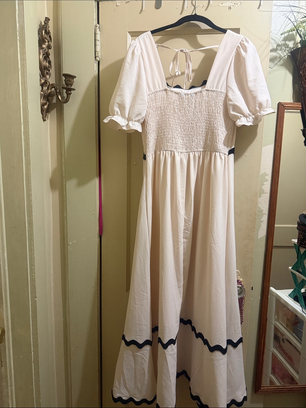 White Maxi Dress with Navy Wave Trim - Women's Summer Maxi - Picture 4 of 6